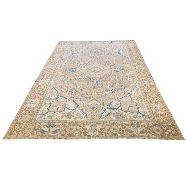 Traditional Antique Persian Heriz Handmade Medallion Tan and Blue Wool Rug For Sale - Image 3 of 11