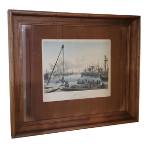 19th-Century Aquatint Print Depicting the Bustling Port of Le Havre, France.