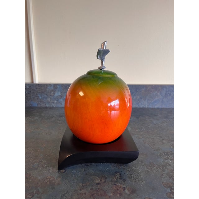 Turned Wood Apple Sculpture With Metal Stem and Ebonized Wood Base For Sale - Image 4 of 6