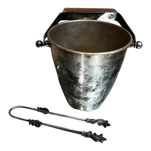 Mid-Century Modernist Silver Plate Ice Bucket Wood Handle Sculptural