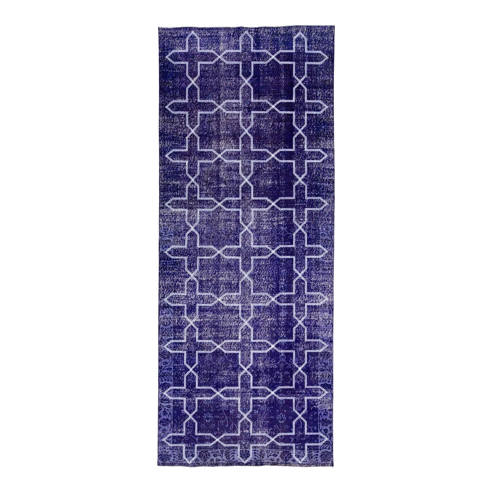Modern Blue Turkish Handmade Geometric Pattern Wool Gallery Rug | Chairish
