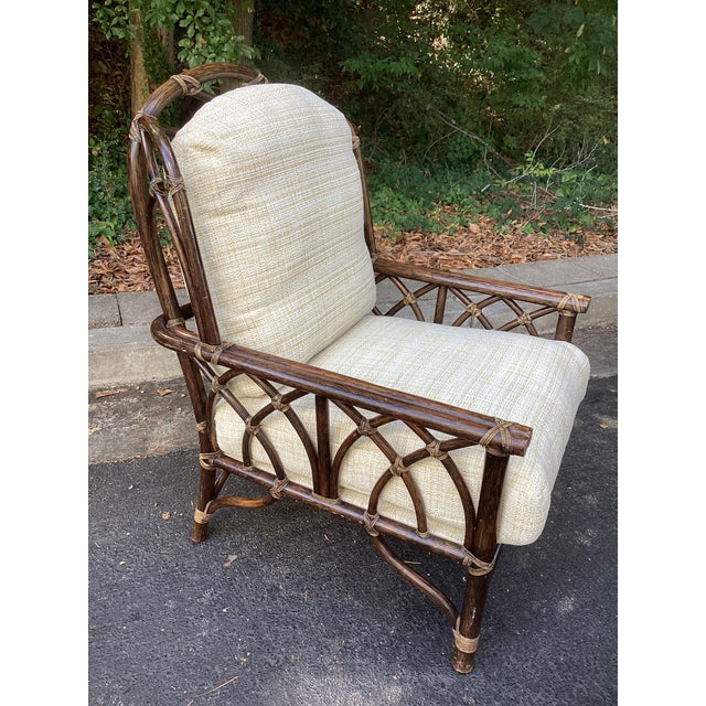 Goldenrod Vintage McGuire Rattan Lounge Chair and Ottoman With New Upholstery For Sale - Image 8 of 11