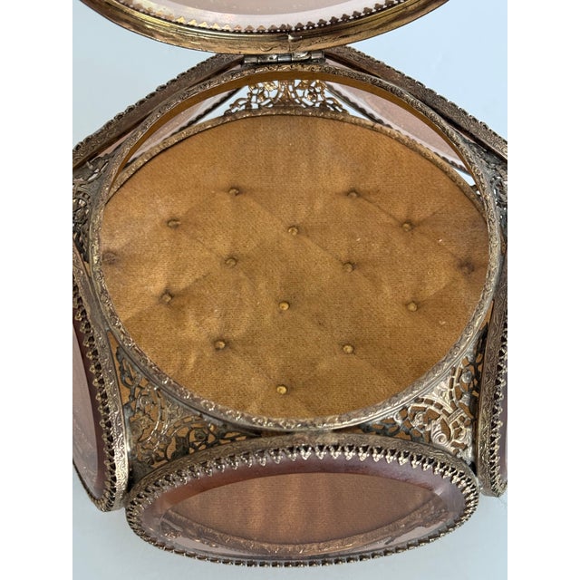 Ormolu Gold Filigree Beveled Glass Jewelry Casket 5-Sided Round Trinket Box, 1960s For Sale In Boston - Image 6 of 8