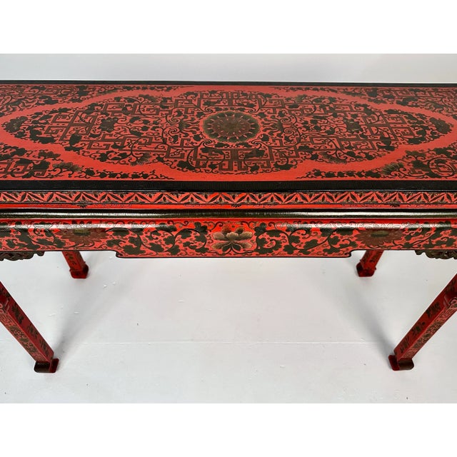 Chinese Chippendale Style Console Table W/ Lacquered Chinoiserie Decoration For Sale - Image 10 of 11