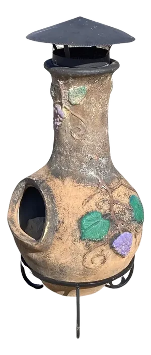 Early 21st Century Mexican Chiminea Outdoor Clay Terracotta Fireplace Firepit With Iron Stand