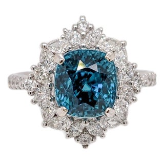 5.2Ct Blue Zircon Ring With Earth Mined Diamonds: Solid 14k Gold, Cushion Cut, Size 6.75 For Sale