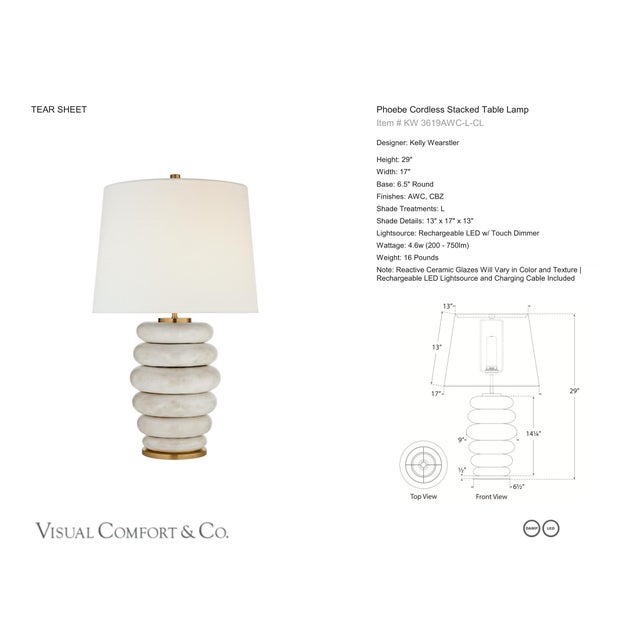 Kelly Wearstler by Visual Comfort Signature Phoebe Cordless Stacked Table Lamp in Antiqued White Ceramic with Linen Shade...