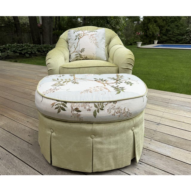 Wood Custom Tufted Green Lounge Chair & Ottoman Set in Floral Colefax and Fowler For Sale - Image 7 of 18