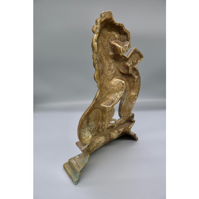 Large Antique Brass Rampant Lion Andiron Finial, Heraldic Fireplace Ornament For Sale - Image 4 of 6