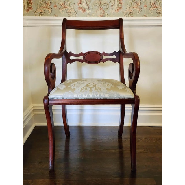 Antique Pair of Scroll Elbow Chairs in the Style of Duncan Phyfe Mahogany Damask Set of 2 For Sale - Image 10 of 16