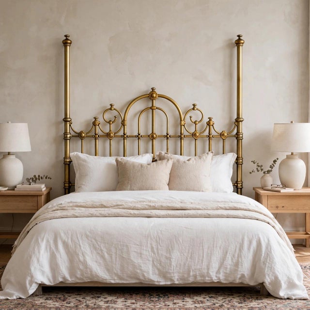 Antique English Victorian Solid Brass Full Size Headboard, Tall Post, 100% Brass, Arched Scrollwork C. 1890s For Sale - Image 13 of 13