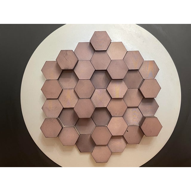 Metal wall art piece tiled "Square by round plus black hex " made of aluminum. Dated 1966. in very good original...