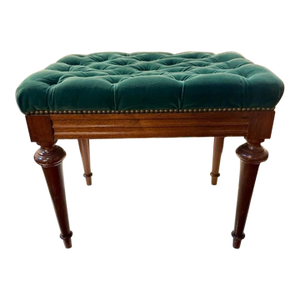 19th Century English Charles X Mahogany Bench With Tufted Green Velvet Upholstery