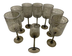 Set of 8 Etched Floral Smoked Color Wine Glasses