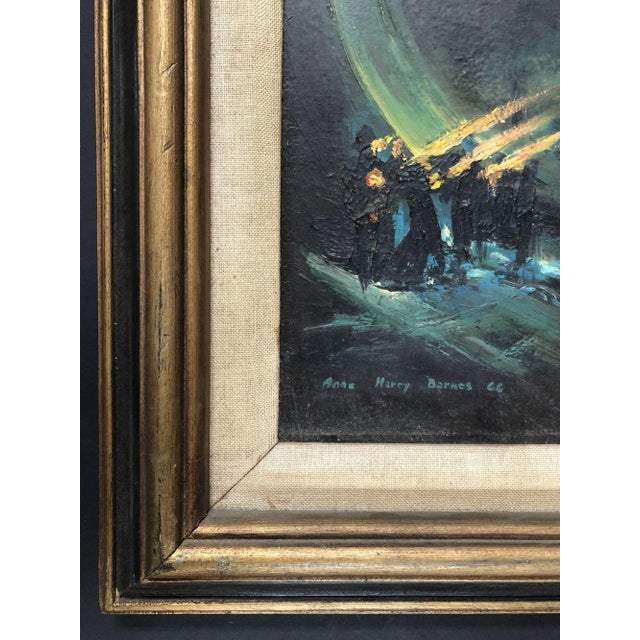 The abstract oil painting depicts a crowd of people looking at a red figure with possible trombones making sounds. Dark...