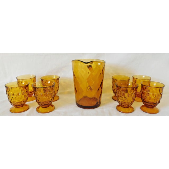 Mid-Century Modern 8 Vintage Mid Century Whitehall Colony Cube Amber Drinking Glasses & Large Pitcher - 9pc Set For Sale - Image 3 of 10