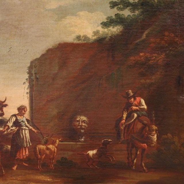 Bucolic Landscape Painting with Figures, Pastoral Scene, 1680, Oil on Canvas For Sale - Image 8 of 17