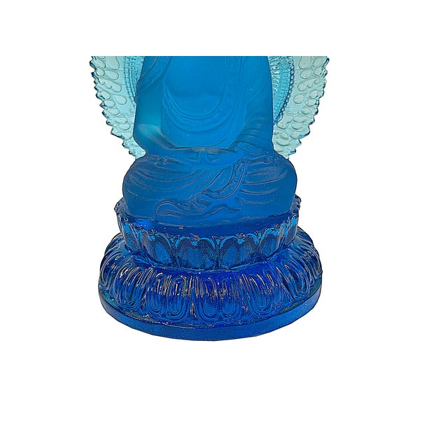 Glass Blue Crystal Glass Sitting Buddha Lotus Base Mandorla Halo Back Statue For Sale - Image 7 of 10