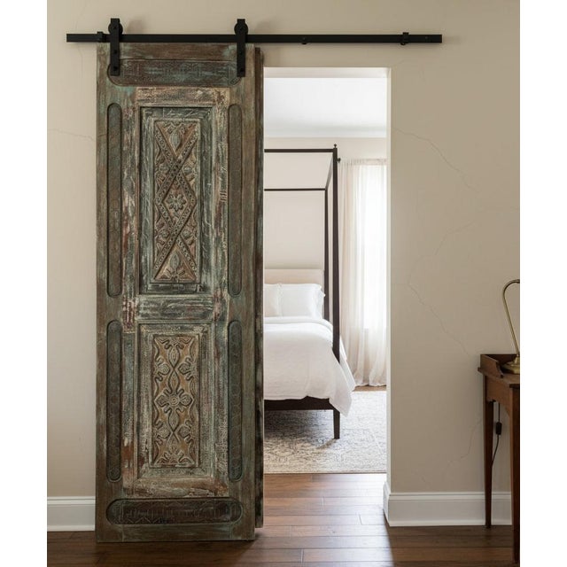 Wood Vintage Floral Carved Wood Barn Door – Distressed Teal Reclaimed Single Door 96x30 For Sale - Image 7 of 7