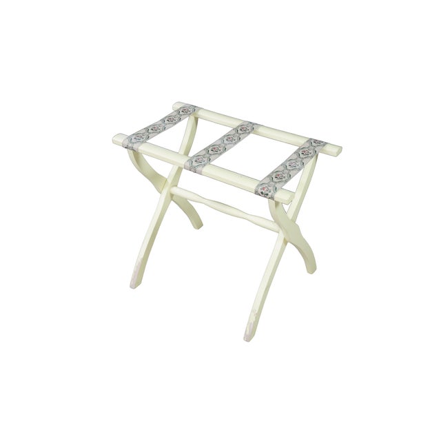 Mid-Century Modern Gate House Ivory Contour Leg Wood Luggage Rack With 3 Petit Point Straps For Sale - Image 3 of 16