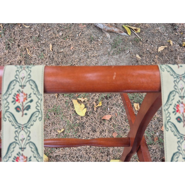 Vintage Scheibe Wooden Folding Luggage Racks With Floral Tapestry Straps - Pair For Sale In Palm Springs - Image 6 of 11