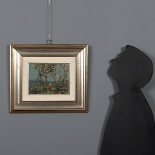 Oil on cardboard. Signed lower center and signed on the back. The subject is part of the painter's strongly naturalistic...