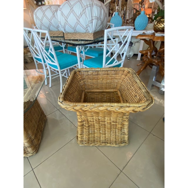 Wood Vintage Wicker Works Braided Side End Tables New Glass Top -A Pair For Sale - Image 7 of 11