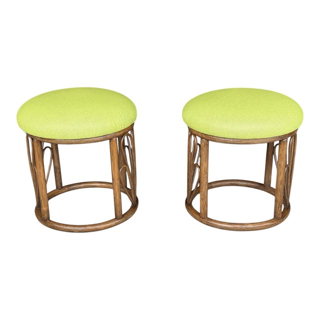 Hollywood Regency 1960s Bamboo Ottomans With Lemon Upholstery- A Pair For Sale - Image 3 of 12