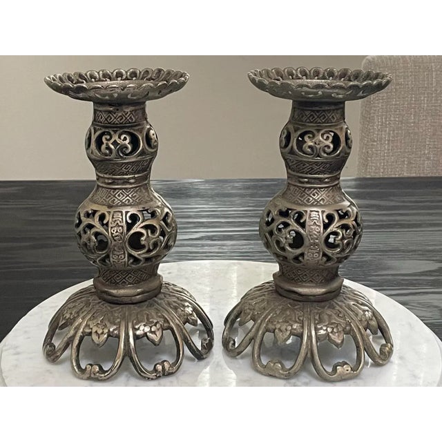 Japanese James Mont Style Vintage Japanese Candle Holders - A Pair For Sale - Image 3 of 9
