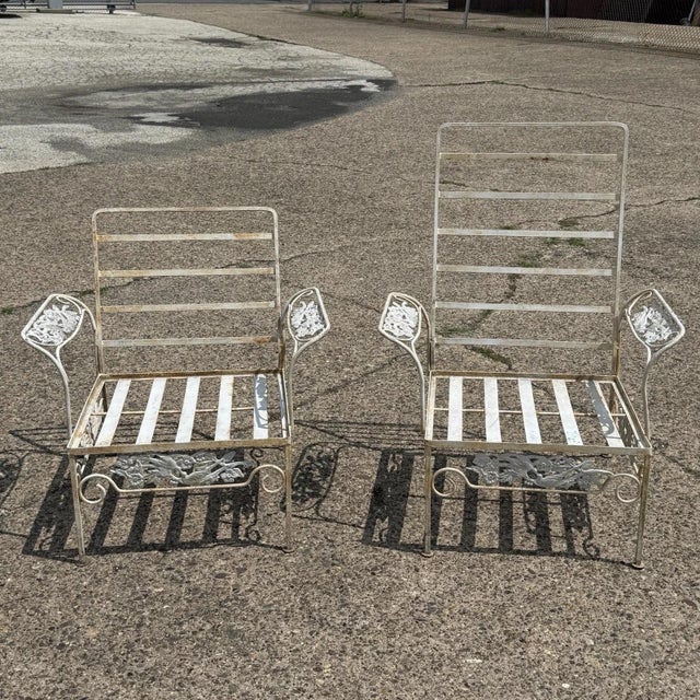 Vintage Russell Woodard "Kissing Birds" Wrought Iron Patio Lounge Chair Set - Complimenting Pair. Set includes one high...