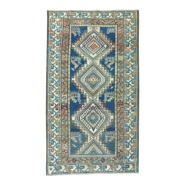 Early 20th Century Blue Geometric Kazak Rug For Sale