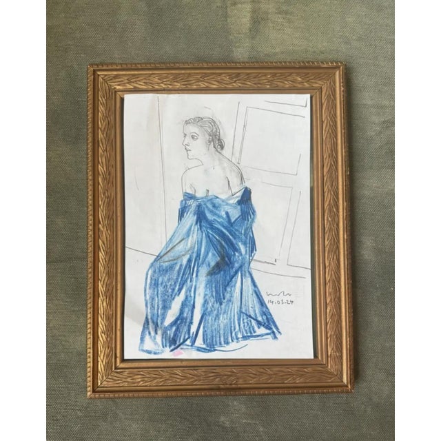 Wonderfully-elegant lady in blue. Signed on recto, under glass, in vintage gold wood frame with laurel ornamentation,...