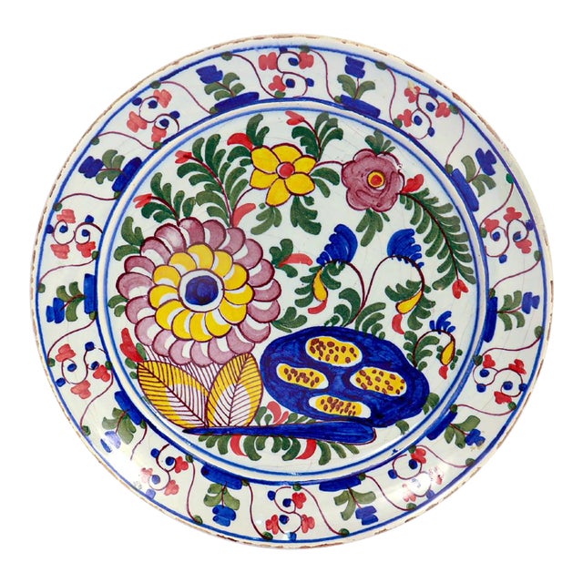 Antique 18th Century De Klaauw Dutch Delft Pottery Floral Plate For Sale