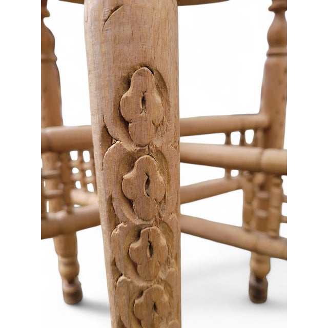 Vintage Spanish Hand-Carved Wood Stool with Woven Cane Seat, 1950s For Sale - Image 9 of 13