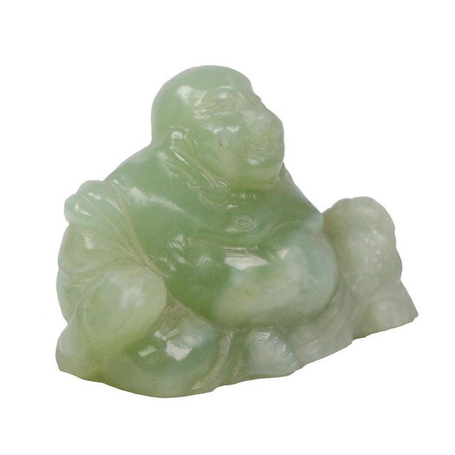 Gold Chinese Carved Green Jade Maitreya Laughing Buddha Figure For Sale - Image 8 of 15