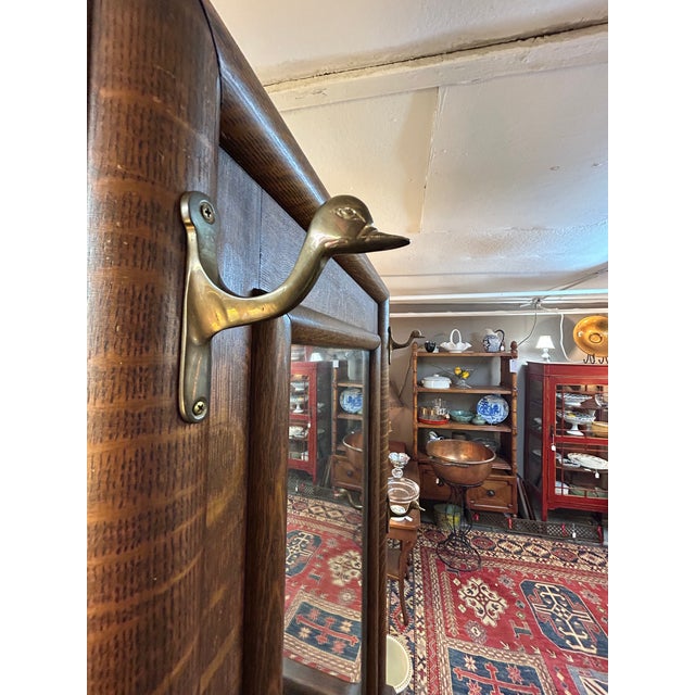 Antique Tiger Oak Hall Tree With Bevelled Mirror & Duck Coat Hooks For Sale - Image 14 of 18