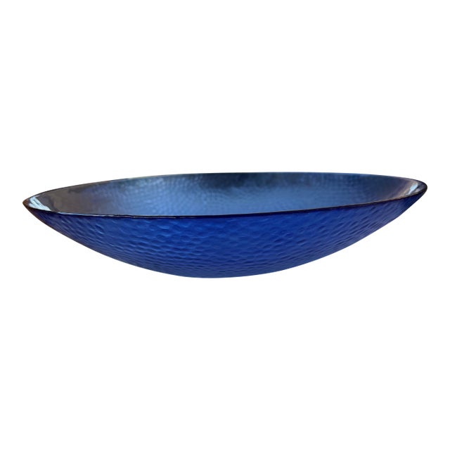 Vintage Large 15” Cobalt Blue Glass Texured Bowl for Serving or Decorating For Sale