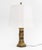 Chinese Figural Motif Brass Lamp, hexagonal column with figural, bird, and landscape scenes, with white cloth lampshade....