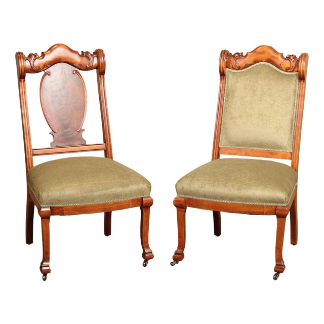 Antique Set Of Two Victorian Lion Carved Side Parlor Chairs For Sale