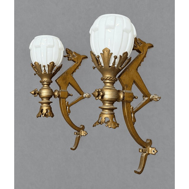 Art Deco Bronze Wall Sconces with Tulip Shades and Dragons, 1890s, Set of 2 For Sale - Image 11 of 11