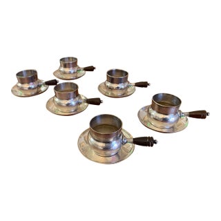 Vintage Silver-Plated Espresso Cup & Saucer Set With Bakelite Handles – Set of 6 For Sale