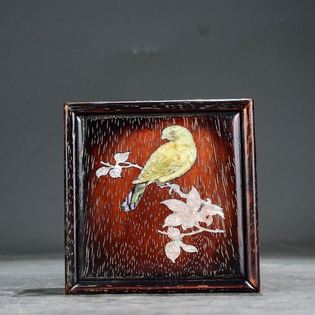 1990s Square Wood Keepsake Box With Mother of Pearl Bird & Floral Inlay For Sale In Los Angeles - Image 6 of 9