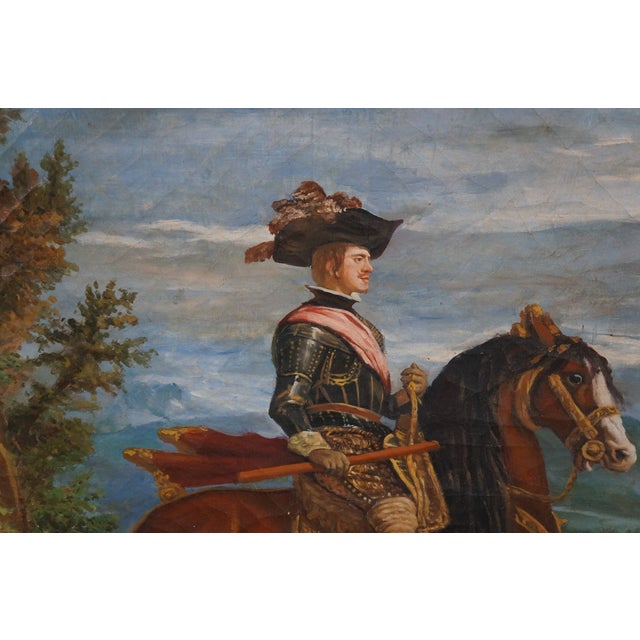 Late 20th Century Late 20th Century Equestrian Portrait of Philip IV After Diego Velázquez Oil Painting Framed 34" For Sale - Image 5 of 12