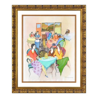 Late 20th Century Café Ambiance Watercolor Painting, Itzchak Tarkay For Sale