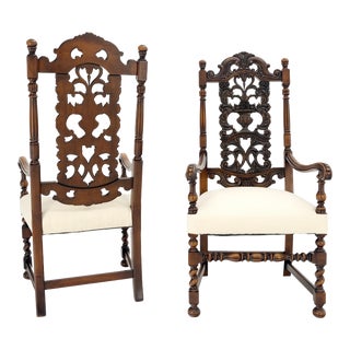 Carved Walnut Tall Backs New Upholstery Fireside Arm Side Chairs - A Pair For Sale