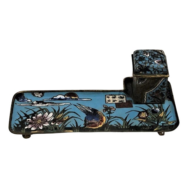 Chinese Art Deco Enameled Bronze Inkwell w/ Bird and Flower Motif, ca. 1920 For Sale