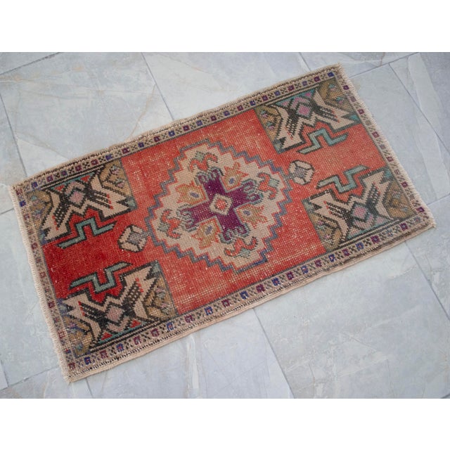 Distressed Rug Low Pile Hand Knotted Yastik Rug Faded Mat- 20'' X 36'' For Sale - Image 12 of 13