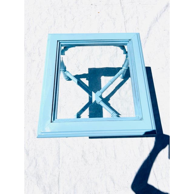 Wood 70's Vintage Lane Faux Bamboo Glass Top End Table Newly Painted Robins Egg Blue For Sale - Image 7 of 9