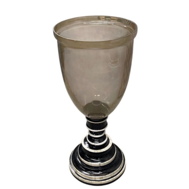 Vintage Smoked Glass Hurricane Candle Holder With Black & White Bone Inlay Base For Sale - Image 4 of 12
