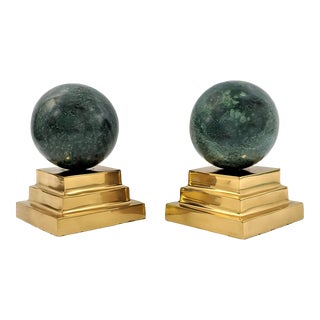 Pair of Vintage 1980s Art Deco Revival Green Marble Sphere Bookends With Brass Tiered Bases - Both Labeled For Sale